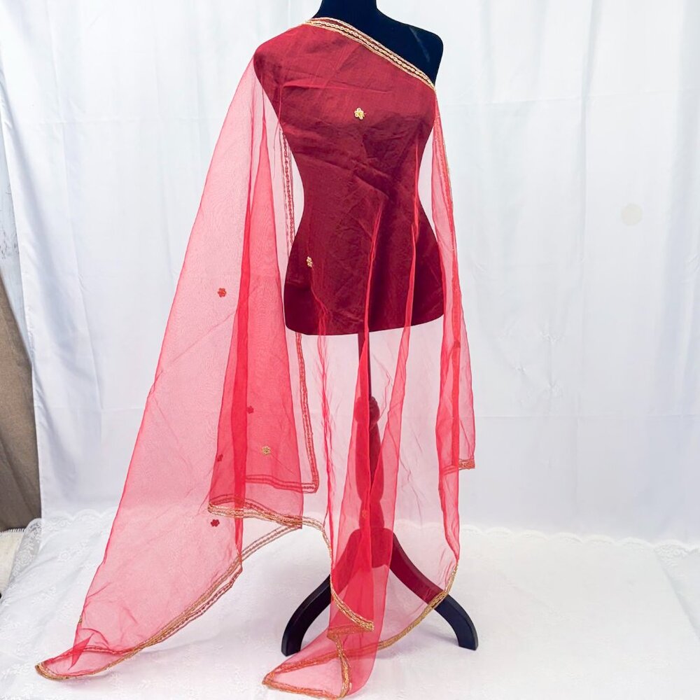 Crimson Crepe Dupatta with Gold Beaded Embroidery Traditional Women's Scarf